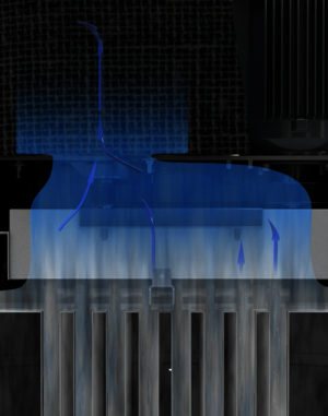 Grafické znázornění Ruwac USP ukazuje ukládání jemných částic prachu u průmyslového vysavače DS1